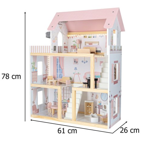 Domek dla lalek drewniany mebelki 78cm róż LED